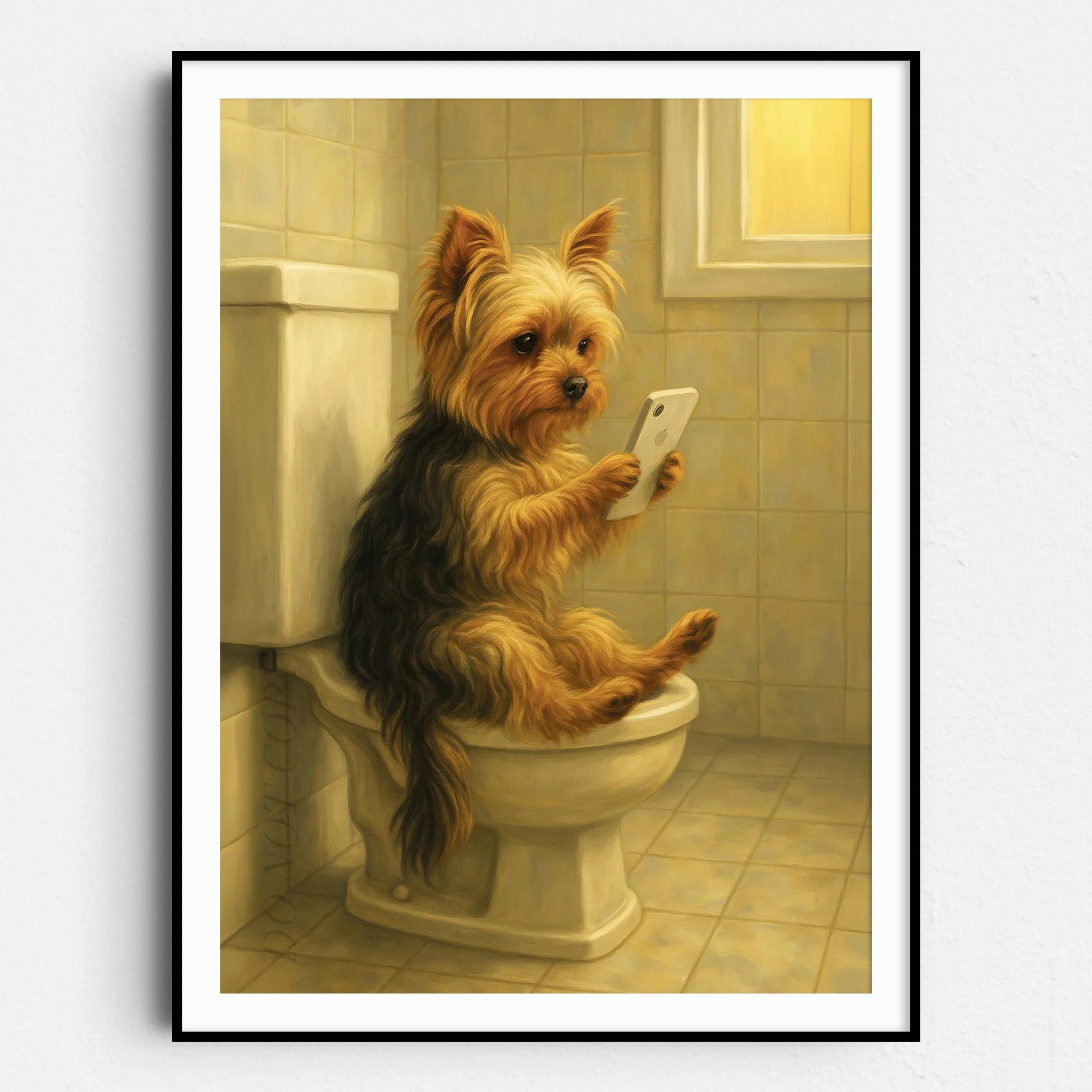 Yorkshire Terrier Dog On The Phone On The Toilet