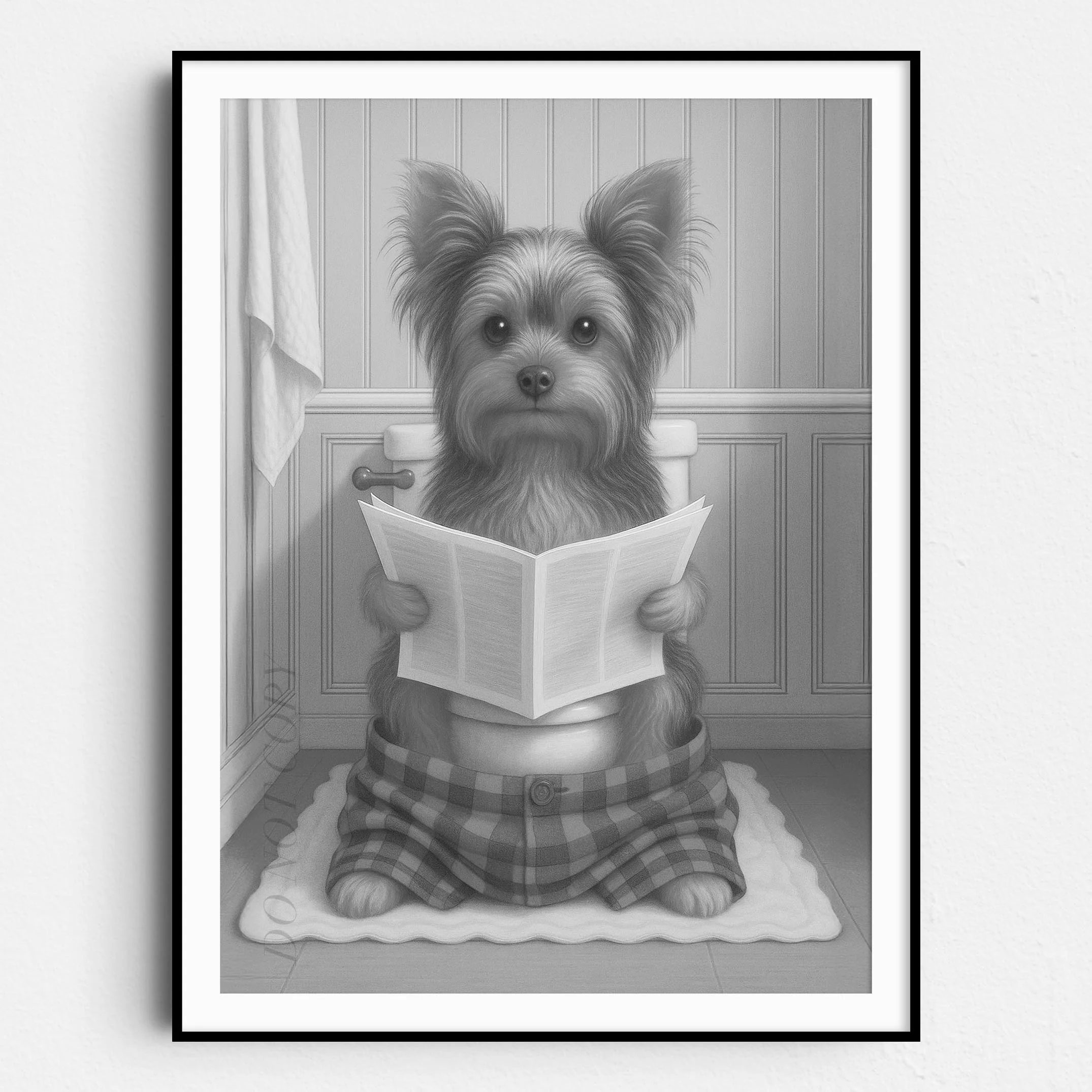 Yorkshire Terrier Dog Reading The Newspaper On The Toilet